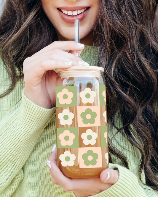 Retro Flowers Glass Cup