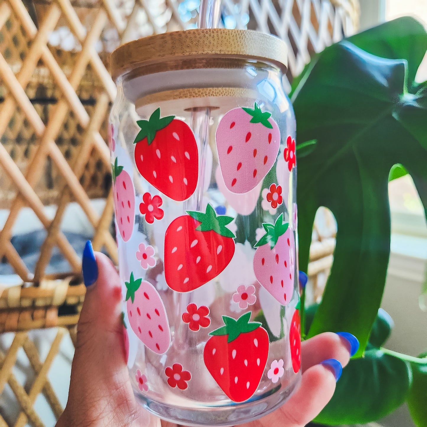 Pink Strawberries Glass Cup