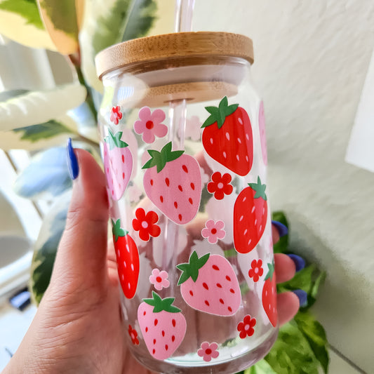 Pink Summer Strawberries Glass Can Cup
