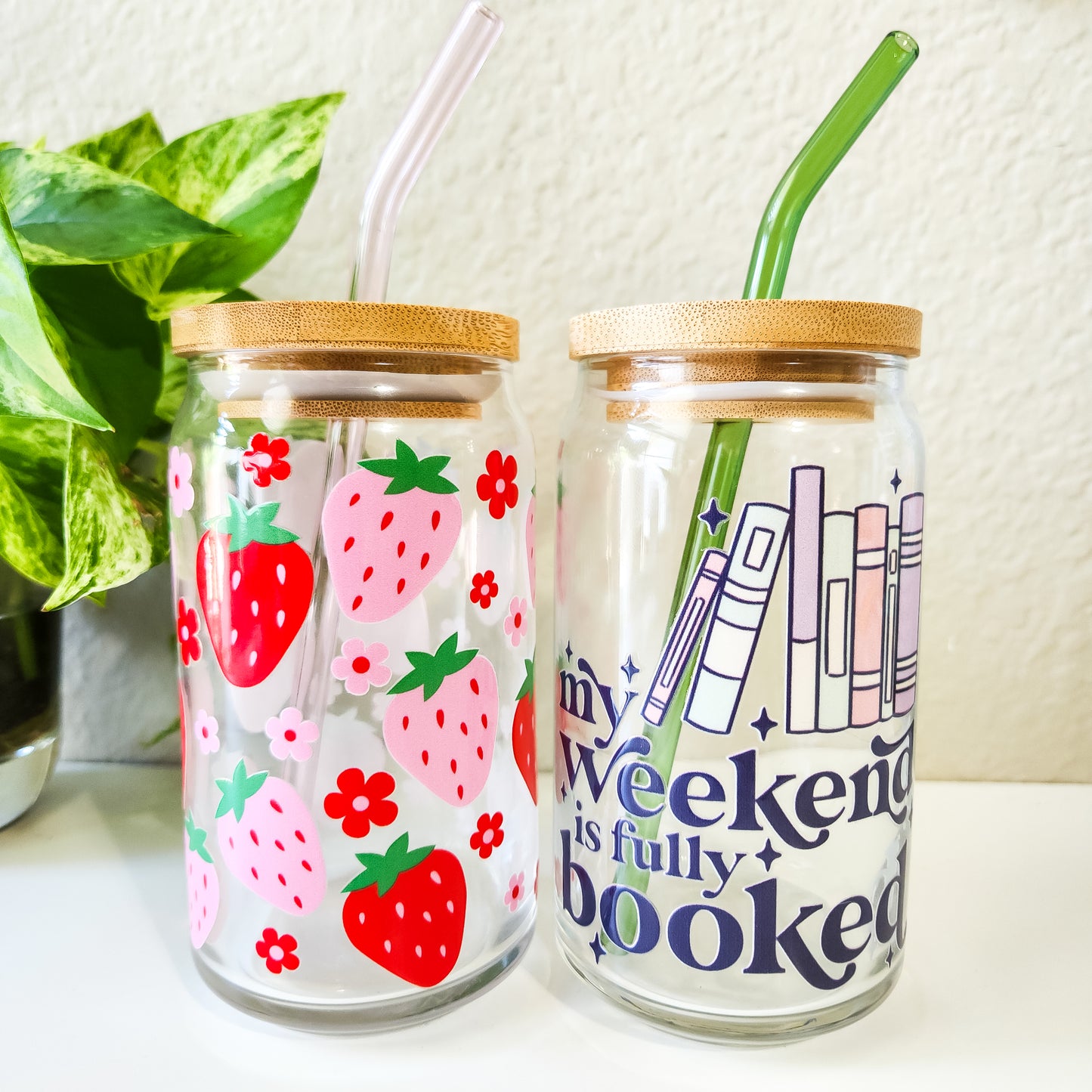 Pink Strawberries Glass Cup