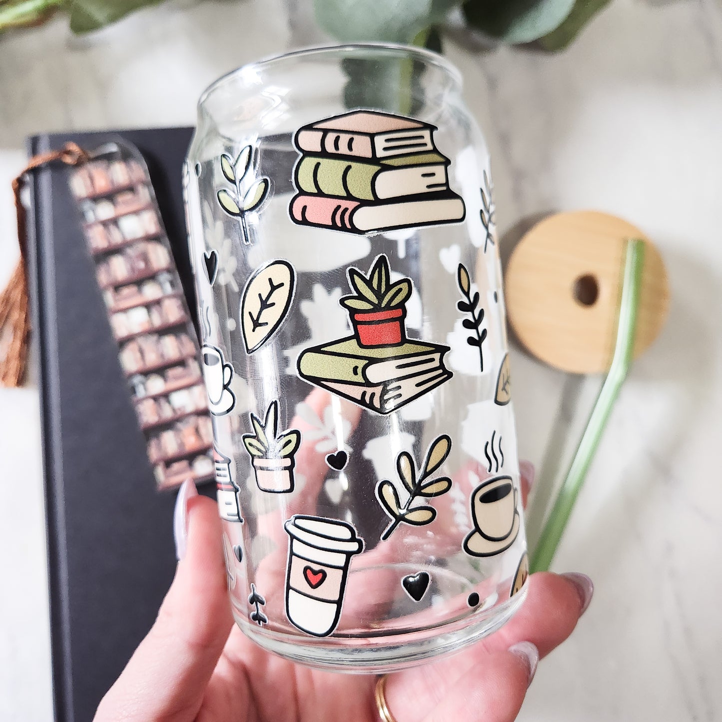 Books, Plants, & Coffee Glass Cup