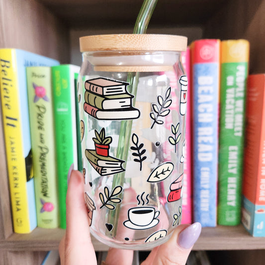 Books, Plants, & Coffee Glass Cup