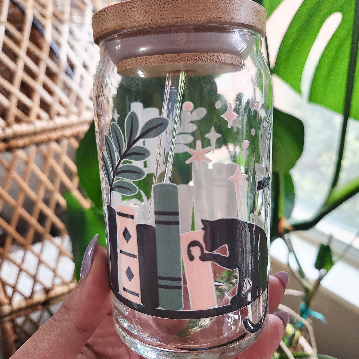 Cats, Books, and Plants Glass Cup