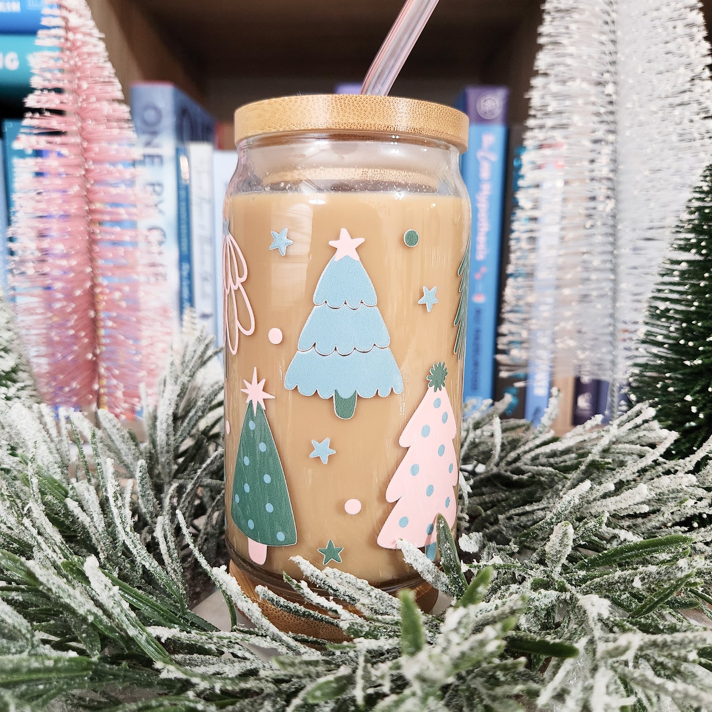 Pastel Festive Trees Glass Cup
