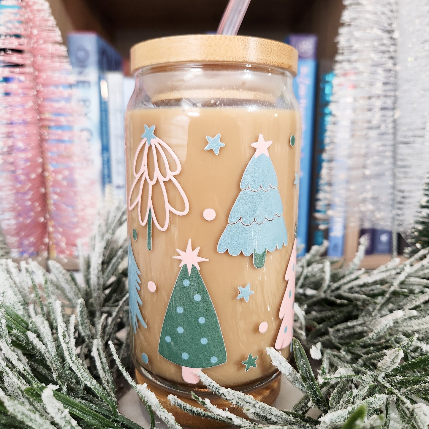Pastel Festive Trees Glass Cup