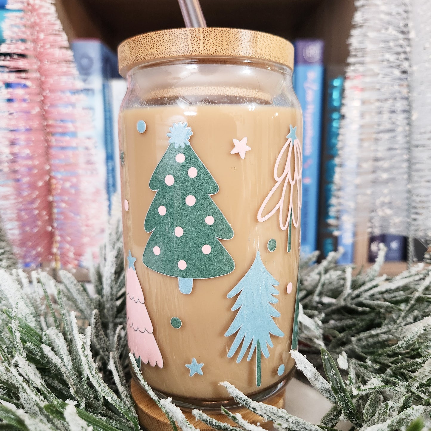 Pastel Festive Trees Glass Cup