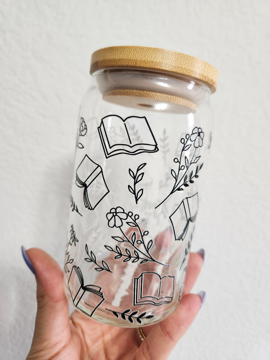 Florals + Books Glass Cup