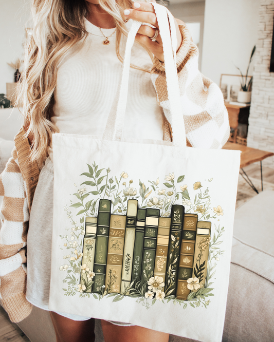 Floral Bookstack Canvas Tote Bag