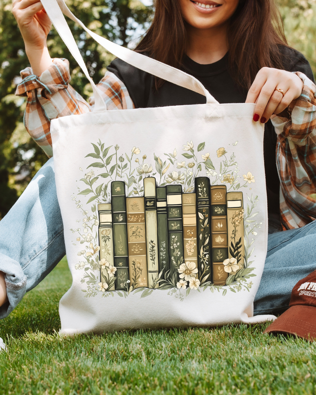 Floral Bookstack Canvas Tote Bag