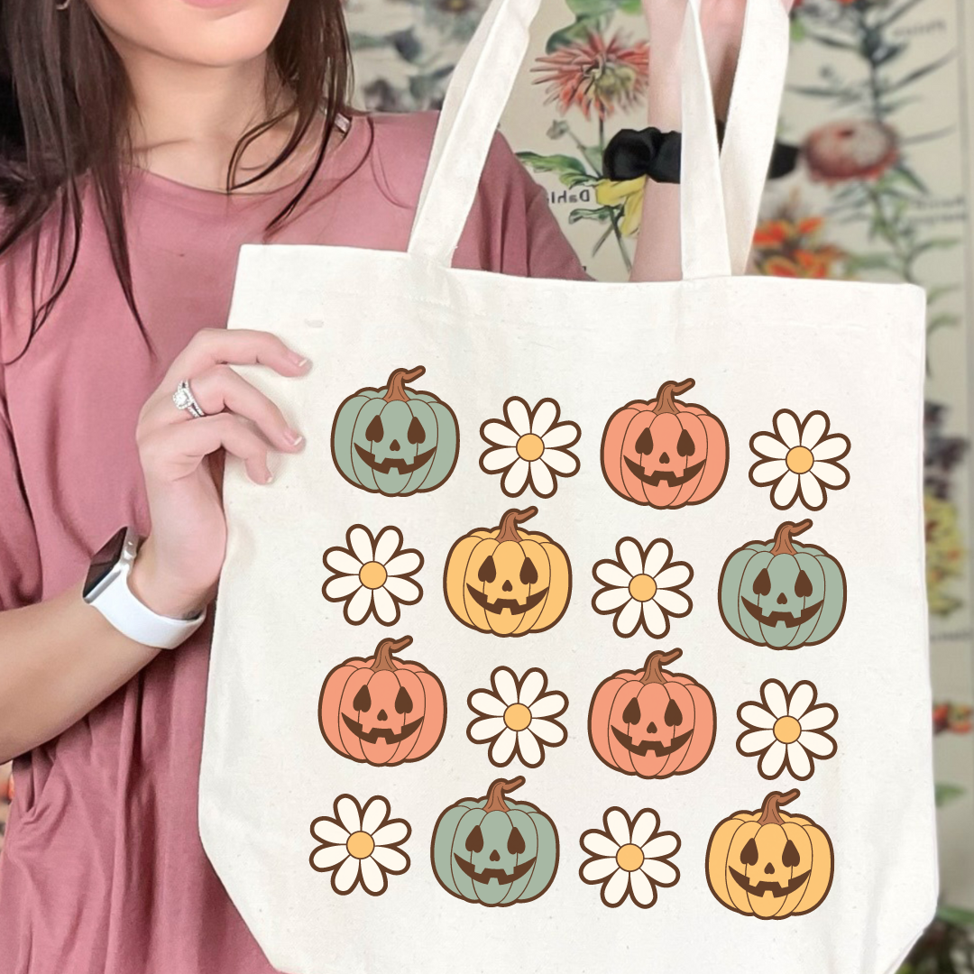 Retro Daisy Pumpkins Canvas Tote Bag
