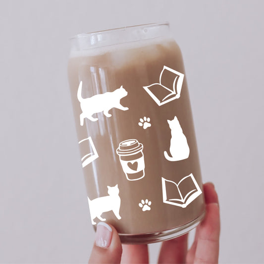 Cats, Coffee, and Books Glass Can Cup