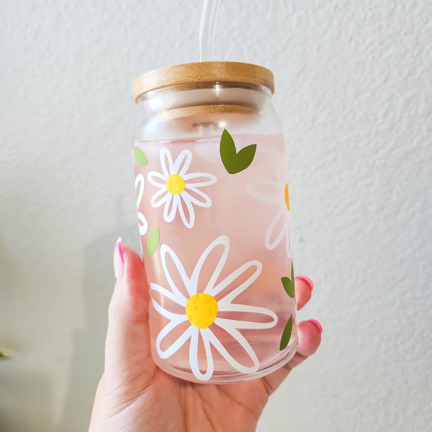 White Daisies Flower Glass Can Cup