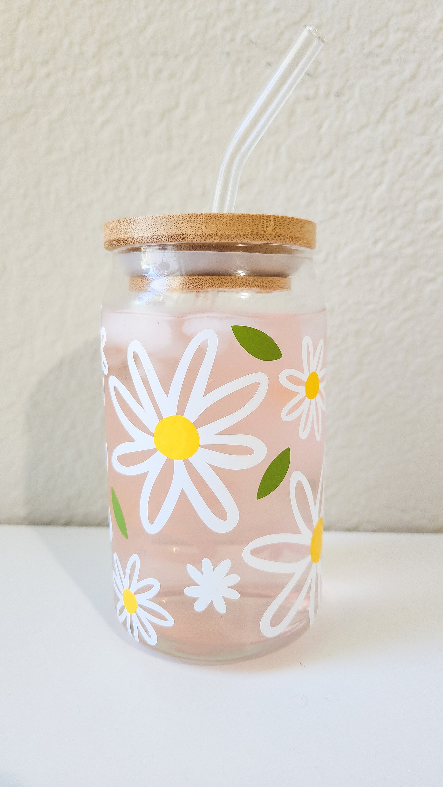 White Daisies Flower Glass Can Cup