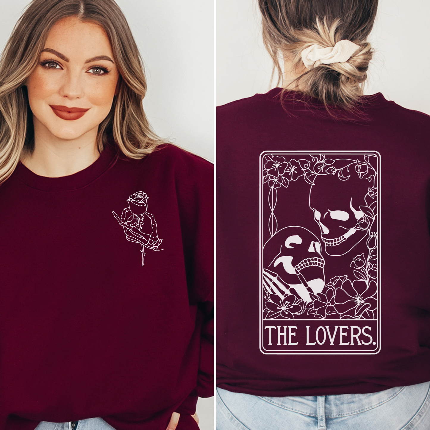 Skeleton & Rose with 'The Lovers' Tarot Card