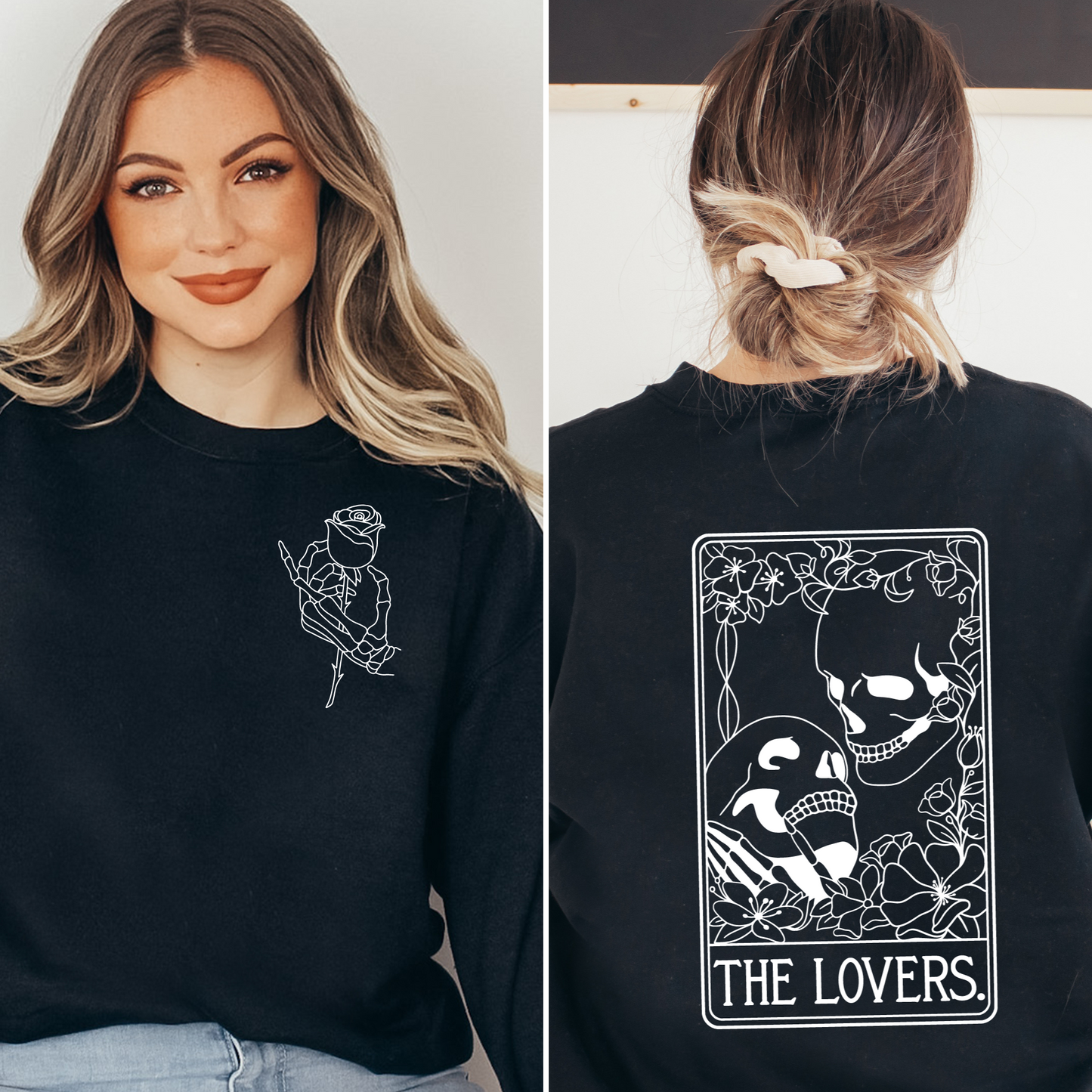 Skeleton & Rose with 'The Lovers' Tarot Card