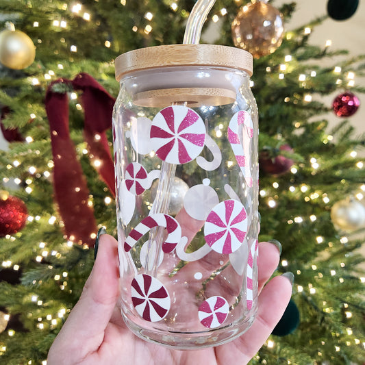 Pink Glitter Peppermint Candy Canes Glass Cup