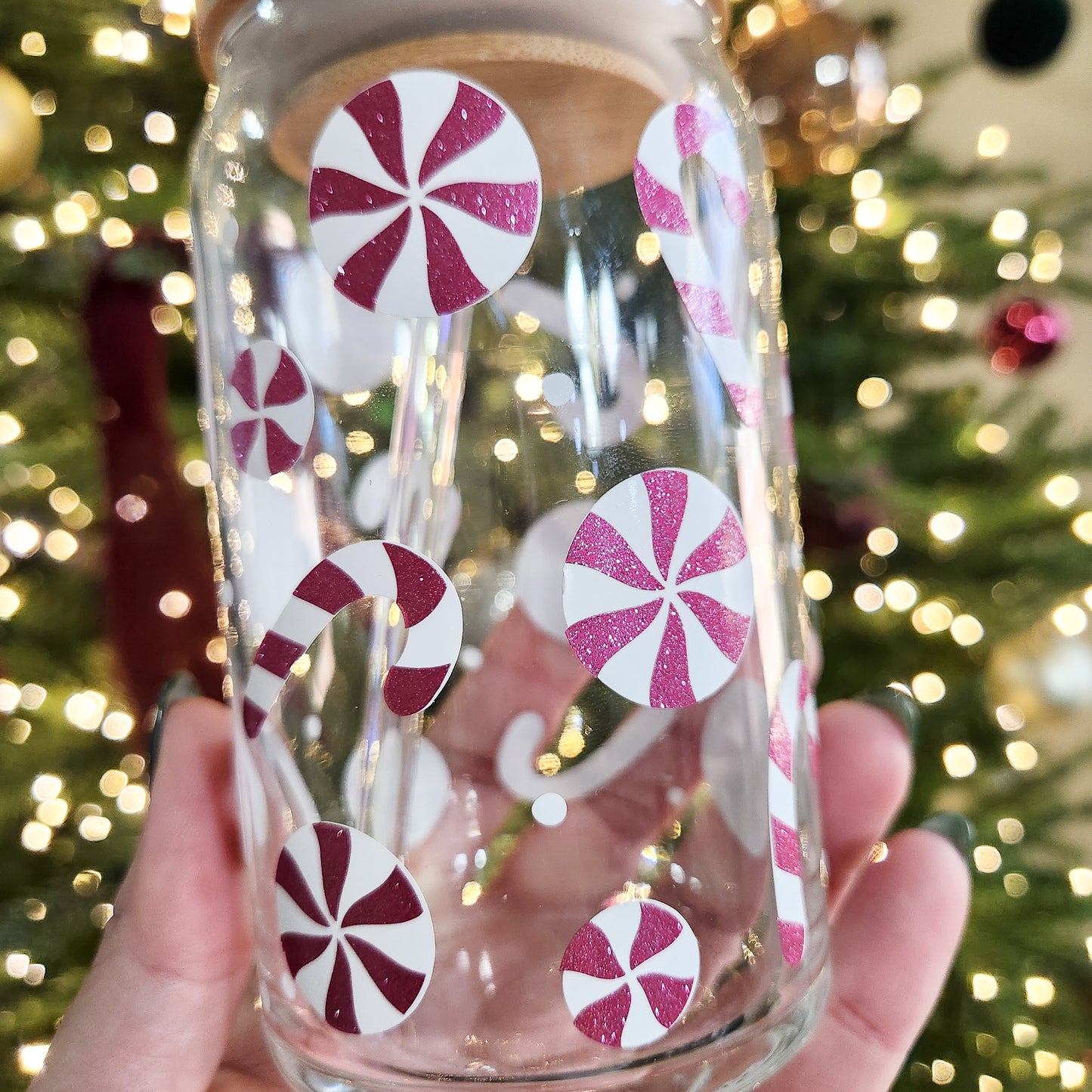 Pink Glitter Peppermint Candy Canes Glass Cup