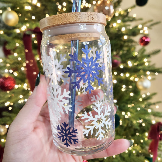 Blue Glitter and White Snowflakes Glass Cup