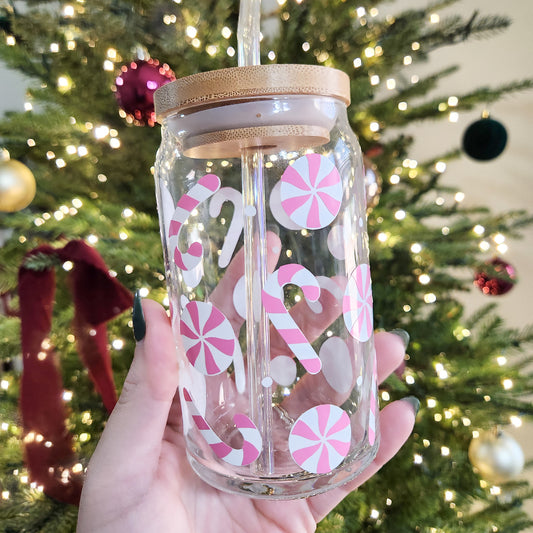 Pastel Pink Peppermint Candy Canes Glass Cup