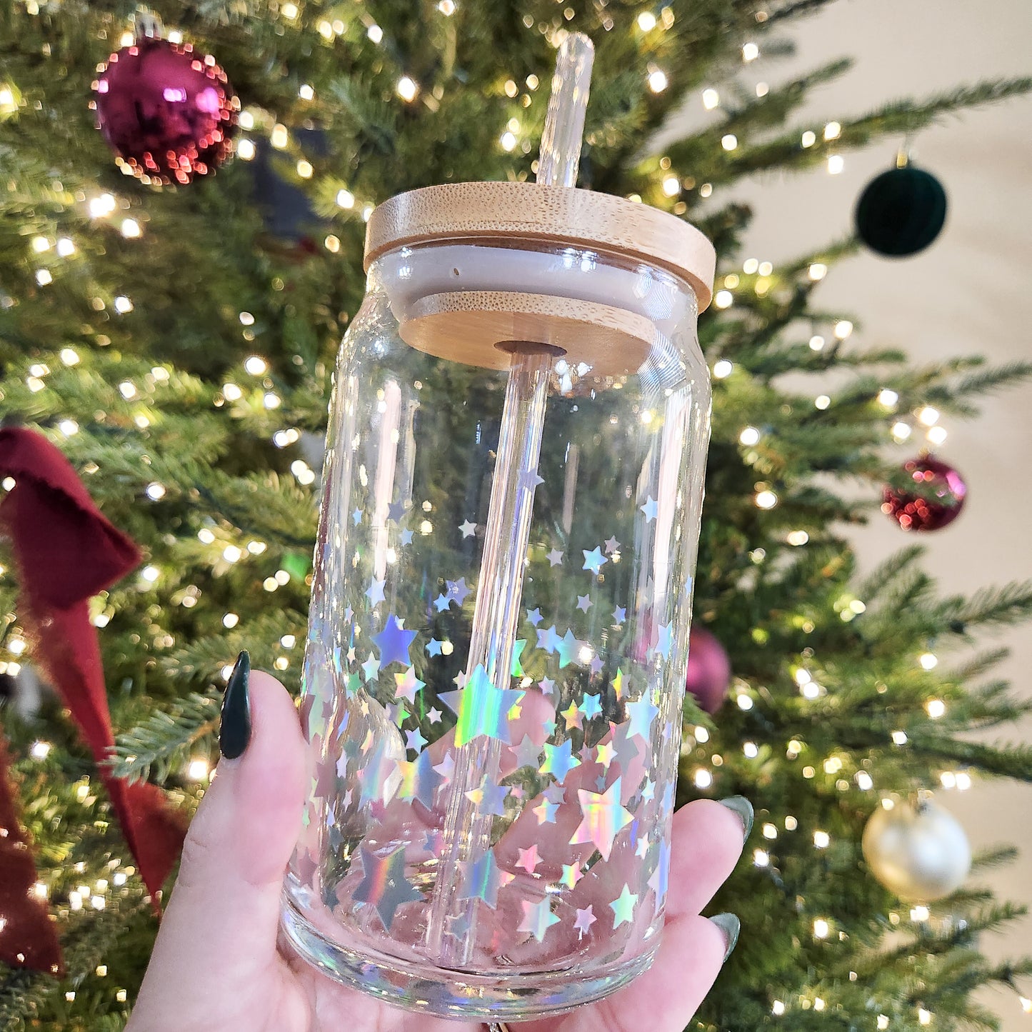 Holographic & Glitter Stars Glass Cup