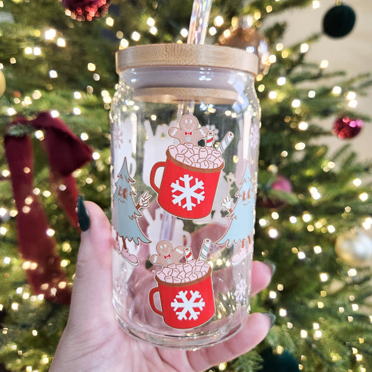Retro Cocoa & Christmas Trees Glass Cup