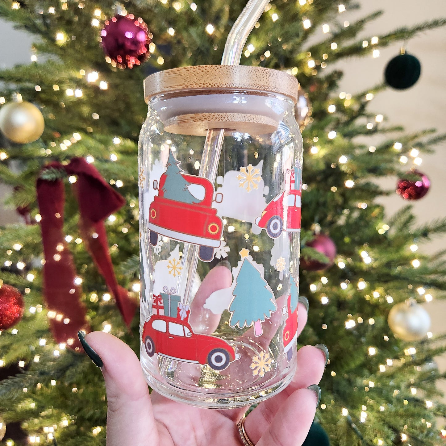 Red Truck & Christmas Trees Glass Cup