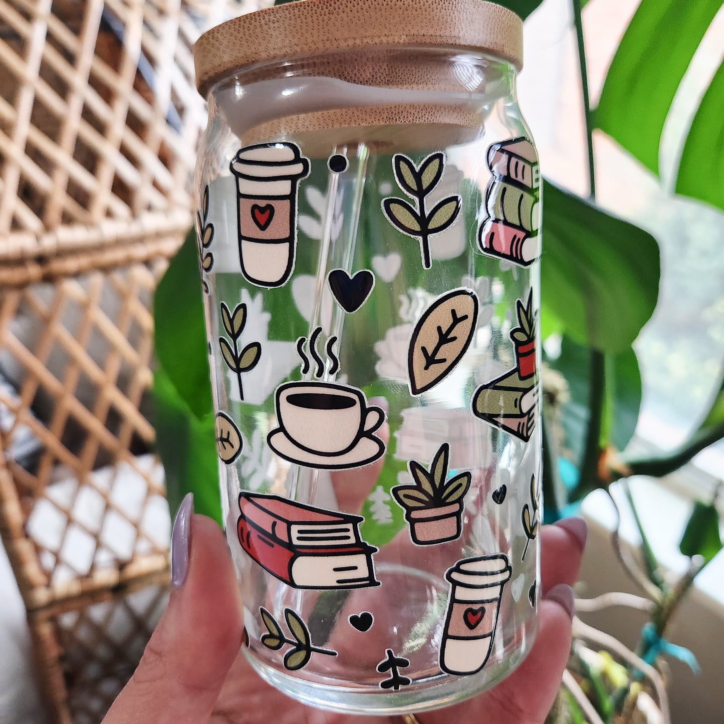 Books, Plants, & Coffee Glass Cup