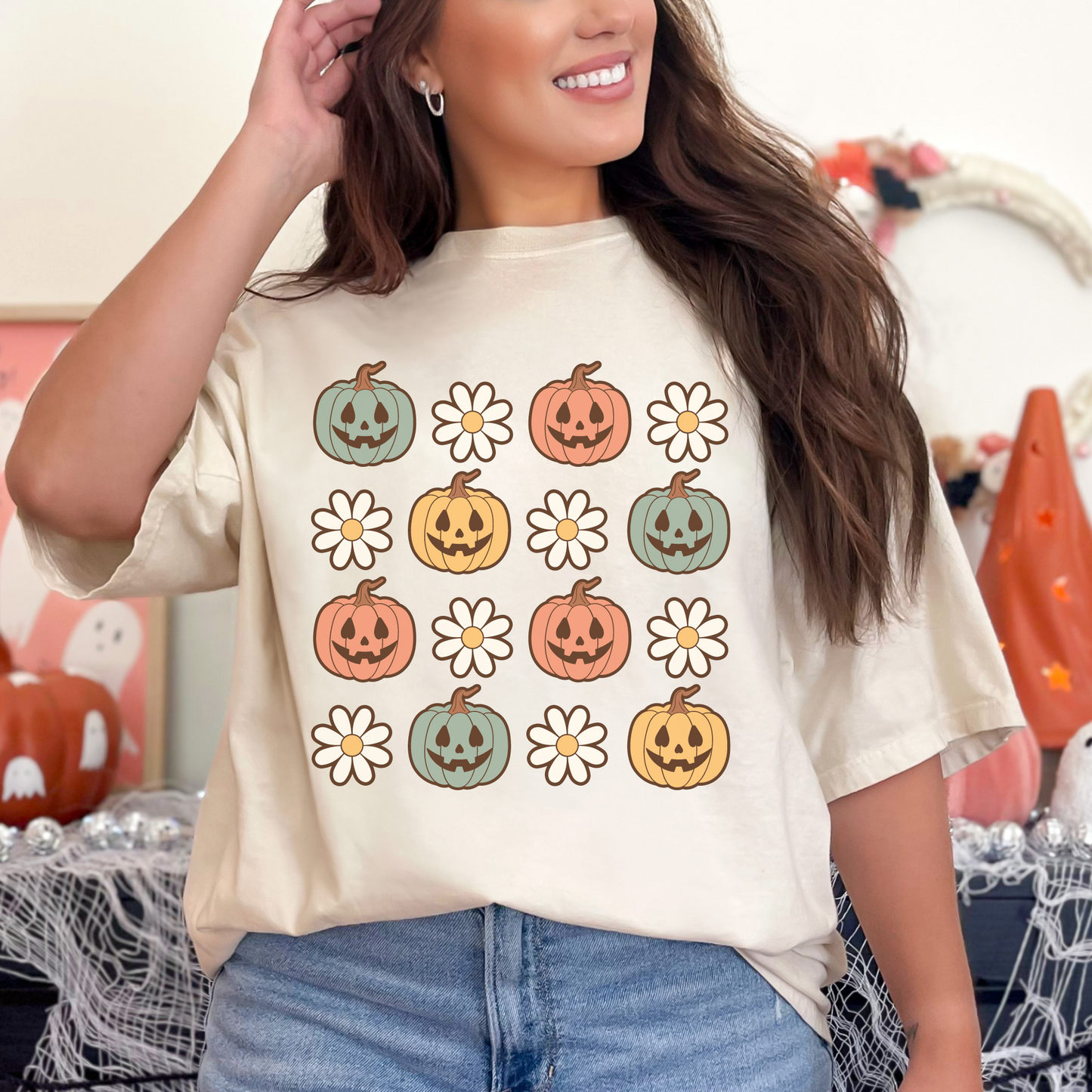 Retro Daisy Pumpkins Ivory Tee