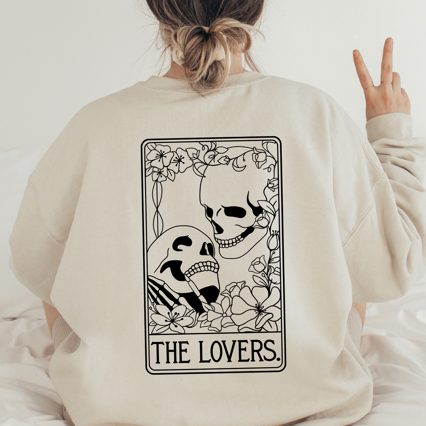 Skeleton & Rose with 'The Lovers' Tarot Card