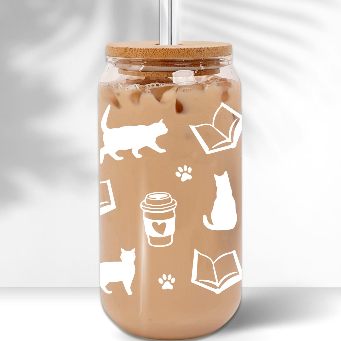 Cats, Coffee, and Books Glass Can Cup