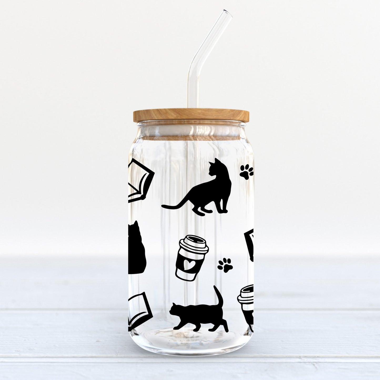 Cats, Coffee, and Books Glass Can Cup