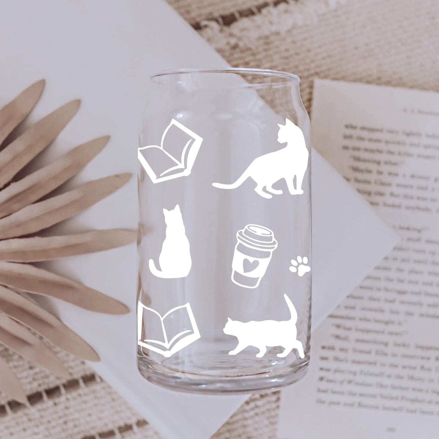 Cats, Coffee, and Books Glass Can Cup