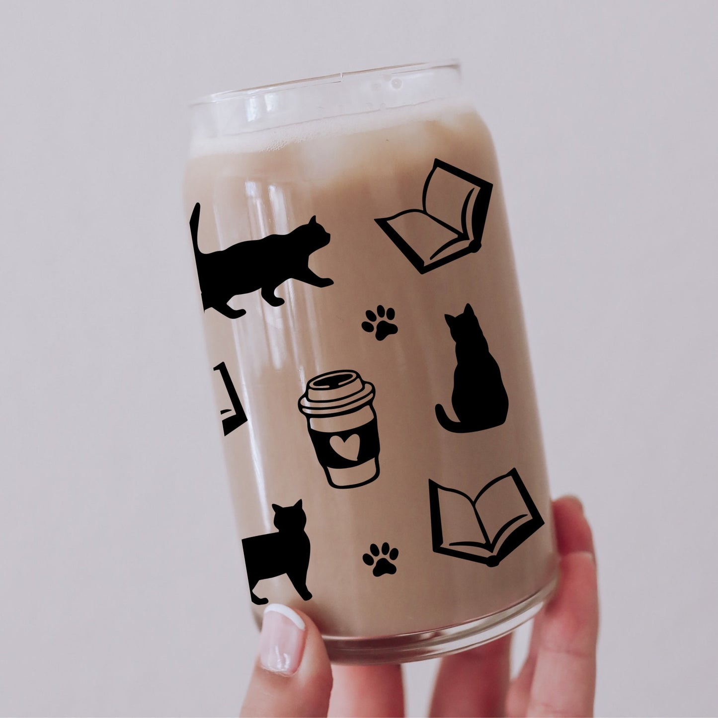 Cats, Coffee, and Books Glass Can Cup